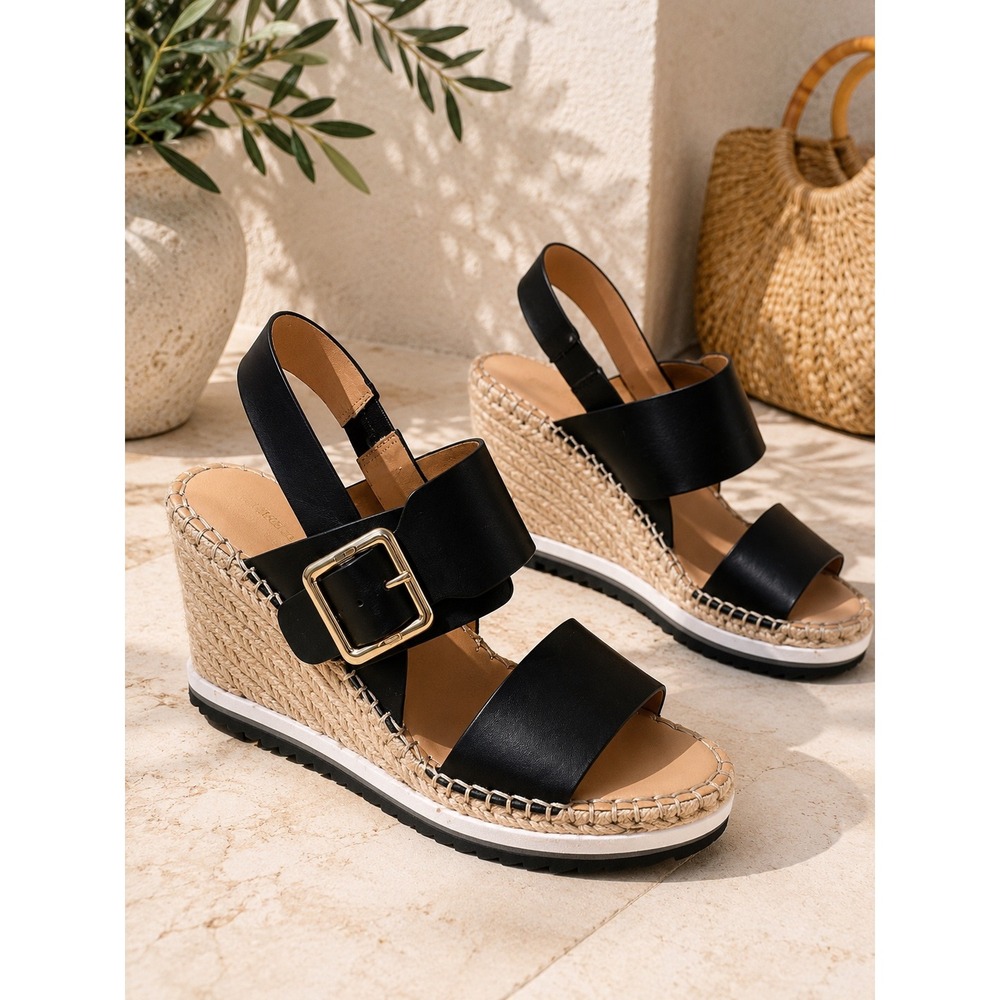 Tommy Hilfiger Wedge Sandals Black Espadrille Platform Buckle Summer 6M